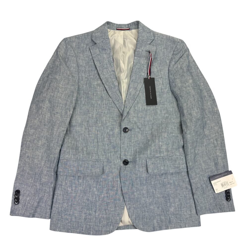 Tommy Hilfiger Mens Modern Fit 100% Linen Solid Sport Coat Blue 36R